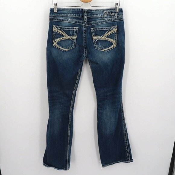 Silver Jeans Women 5 Twisted Bootcut Distressed Denim Solid Blue White Seams - Picture 8 of 15